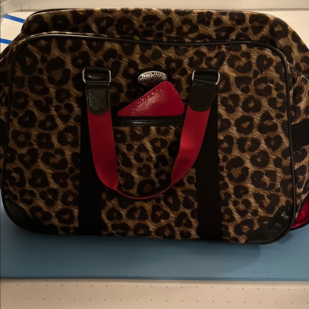 Brighton Leopard Print Travel Bag with Red Handles